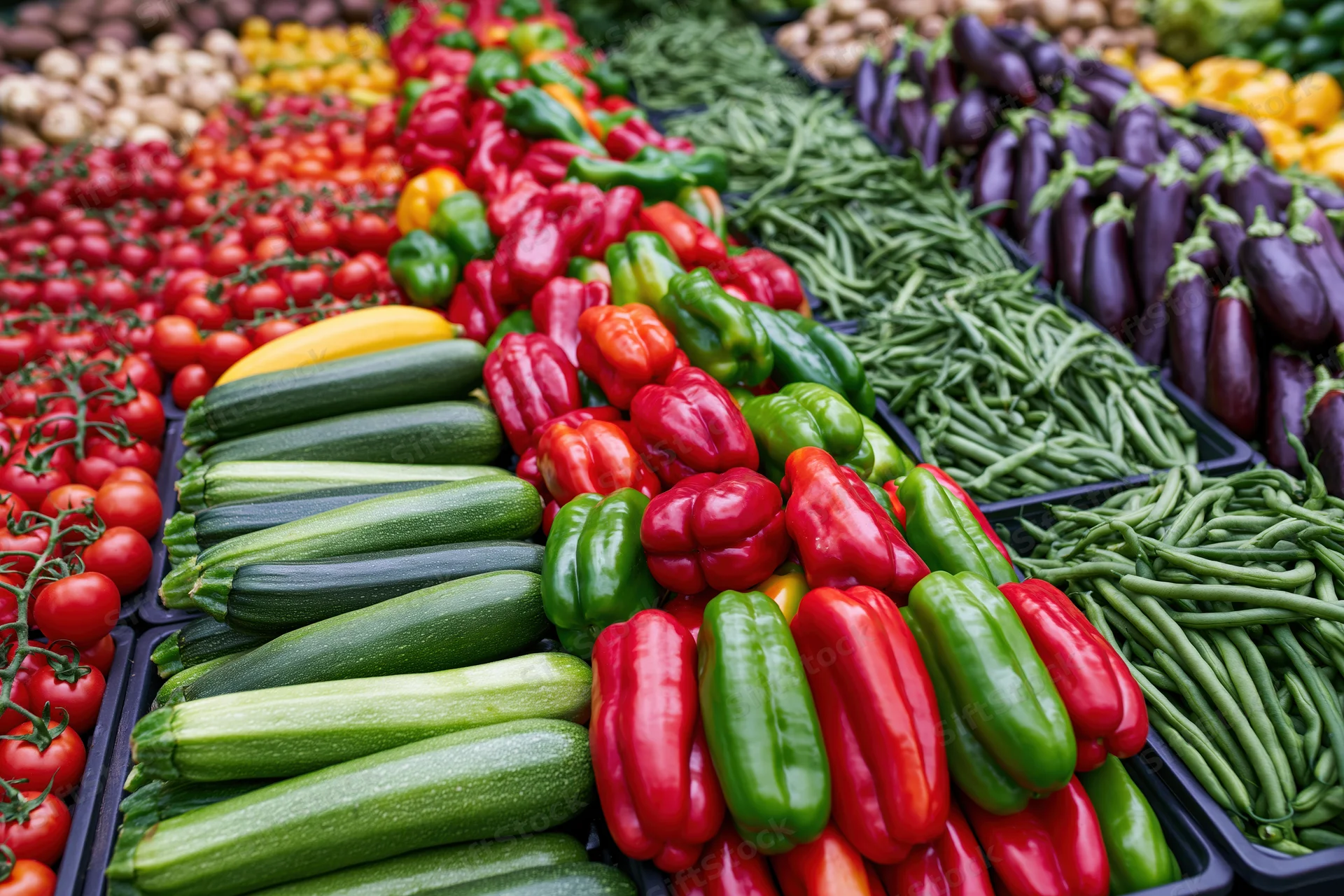 Overhead view of fresh vegetables arranged in rows at an outdoor market stall