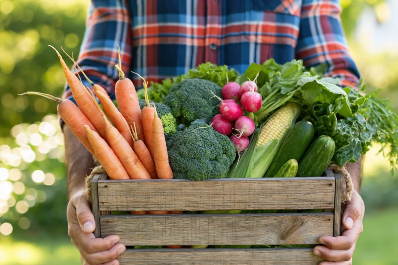 Farmer holding wooden crate overflowing with fresh vegetables in garden