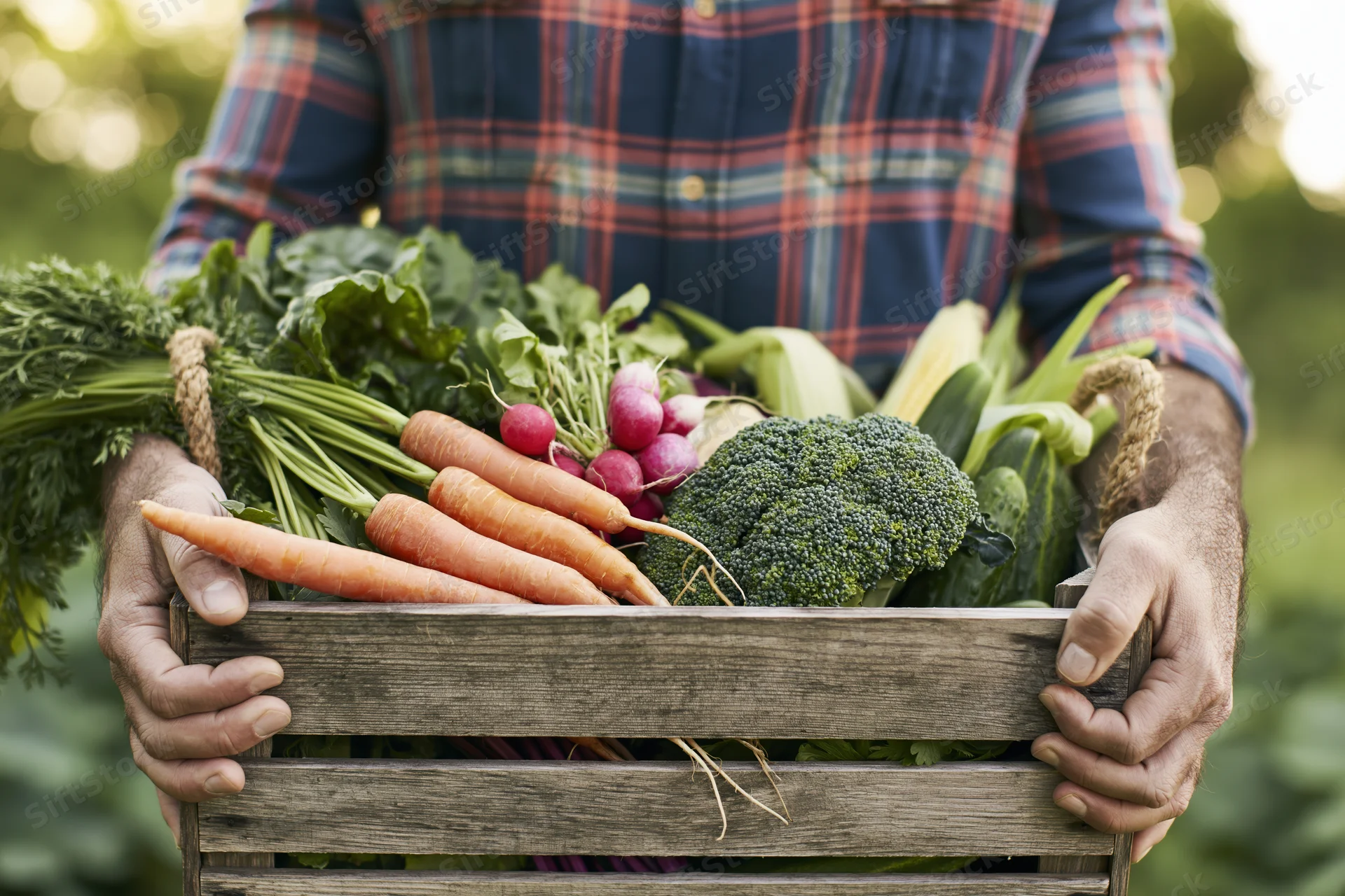 Farmer holding wooden crate overflowing with fresh vegetables in garden