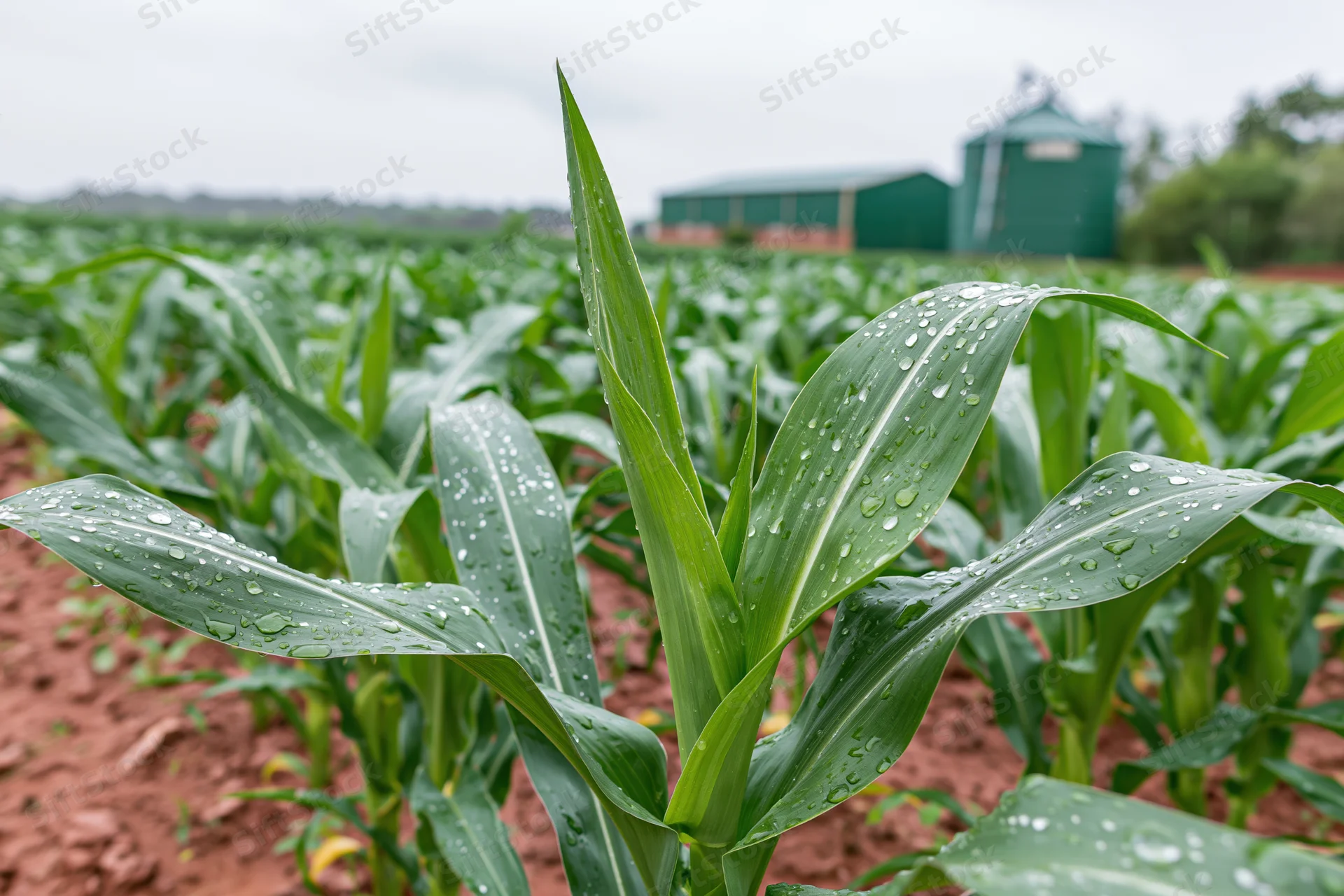 Young corn plants with raindrops on leaves in a field near farm buildings