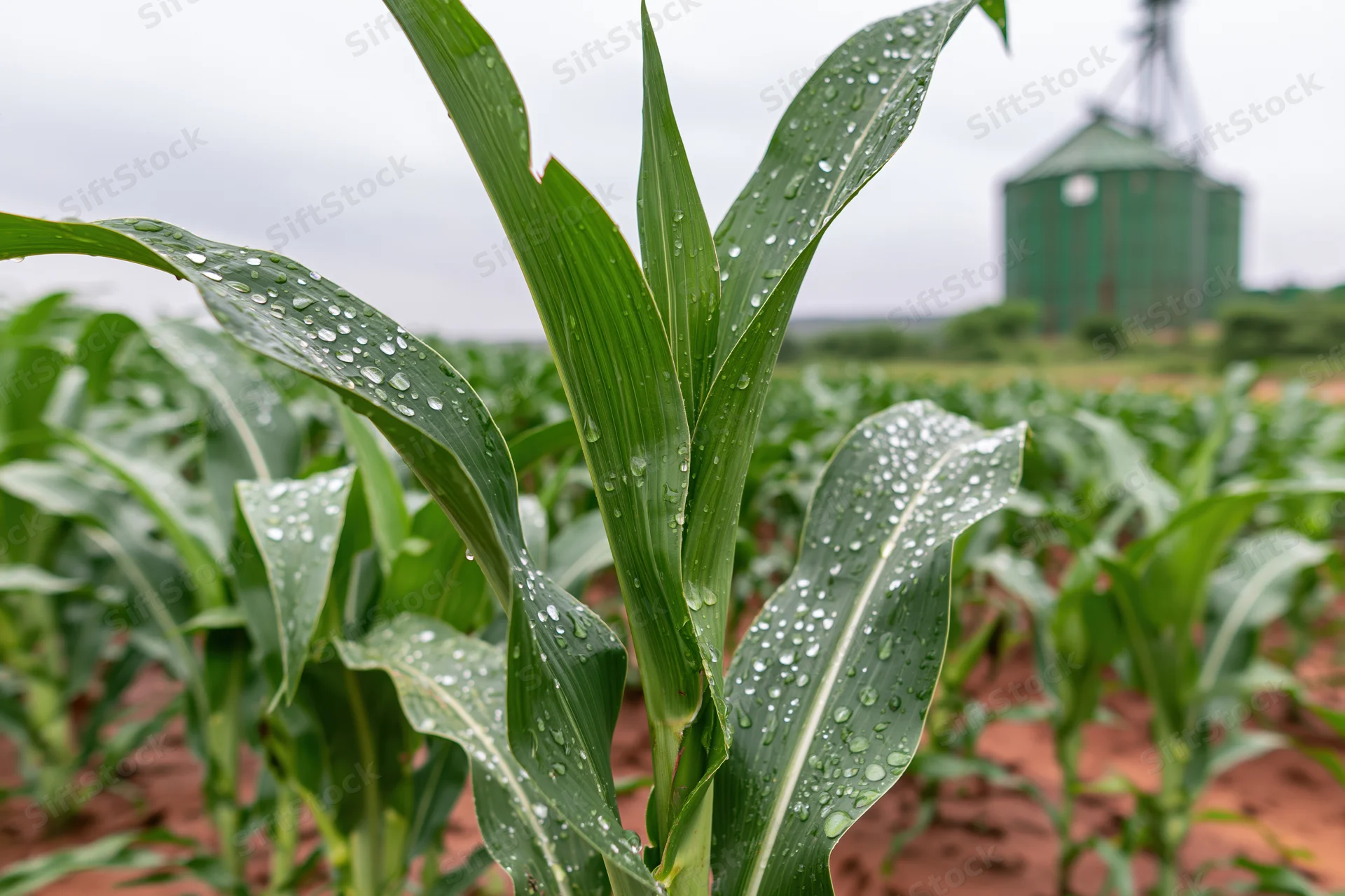 Young corn plants with raindrops on leaves in a field near a green silo