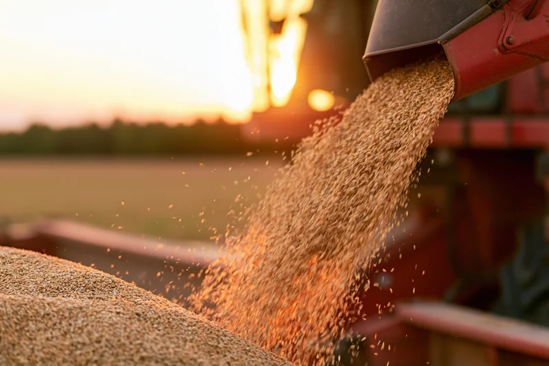 Red combine harvester auger pouring wheat grain into a truck at sunset in a field