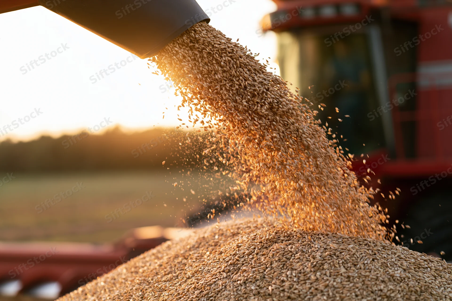 Red combine harvester auger pouring wheat grain into a pile at sunset in a field