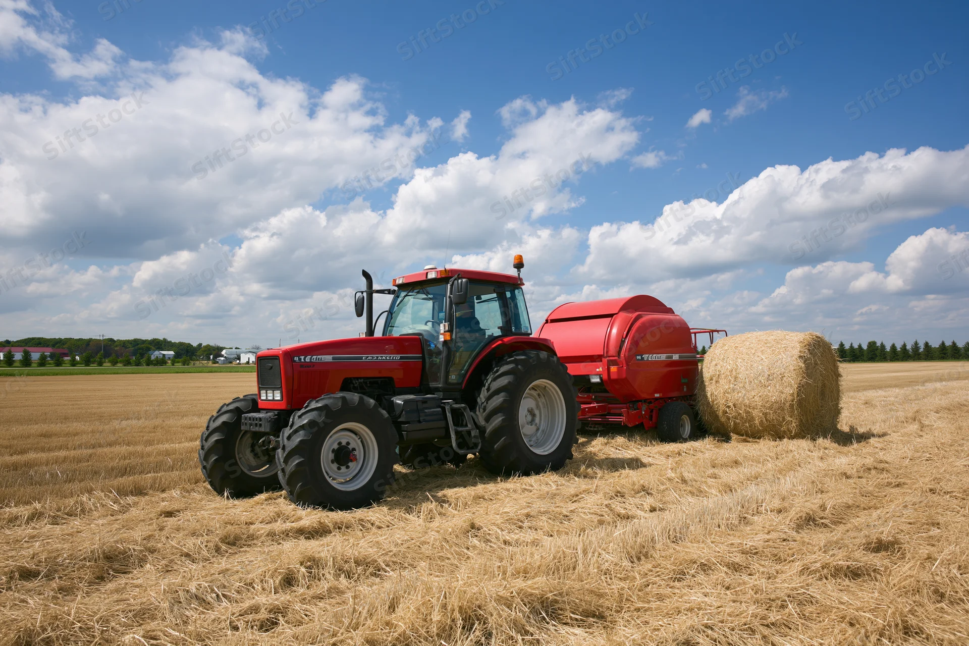 Red tractor pulling round hay baler across harvested field