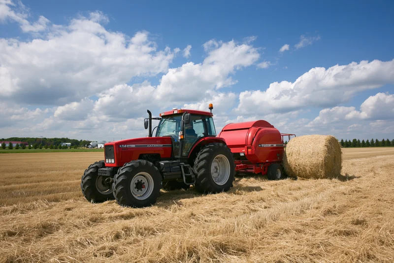 Red tractor pulling round hay baler across harvested field