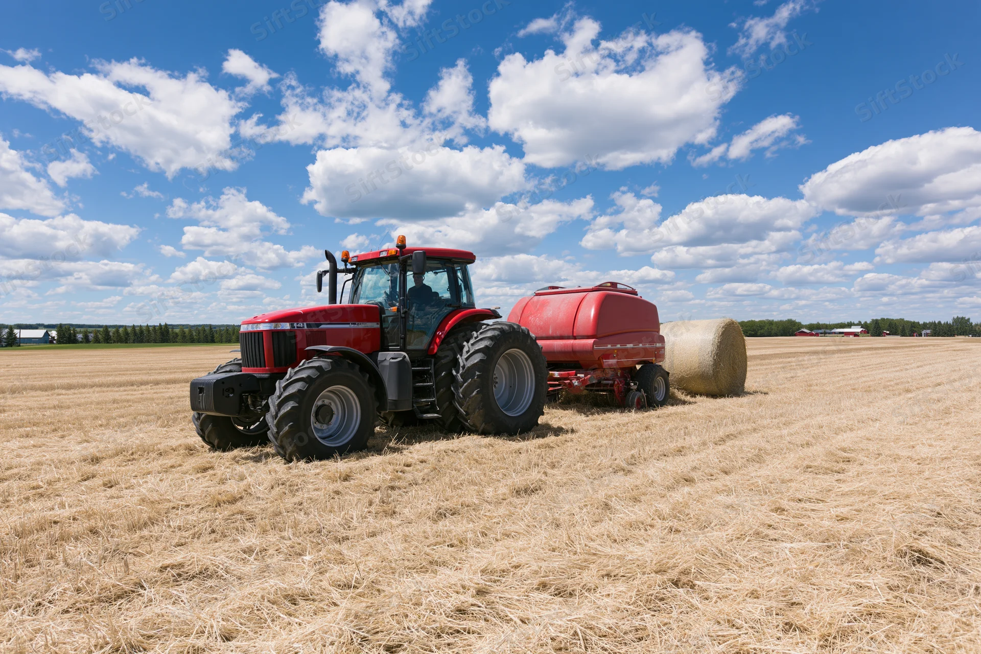 Red tractor pulling a round hay baler across a harvested field under a blue sky with clouds