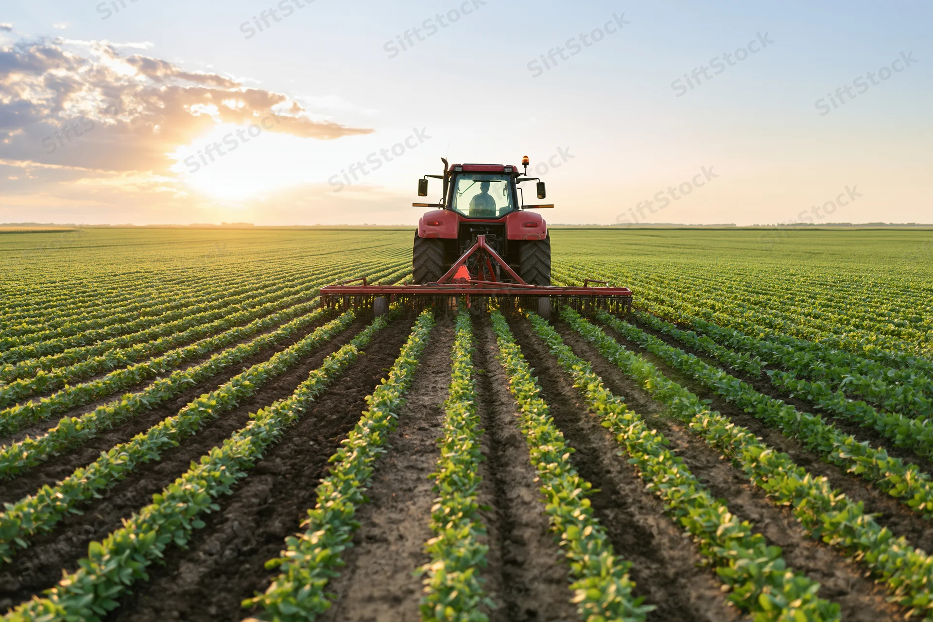 Red tractor pulling tillage implement across rows of green crop in vast field at sunset
