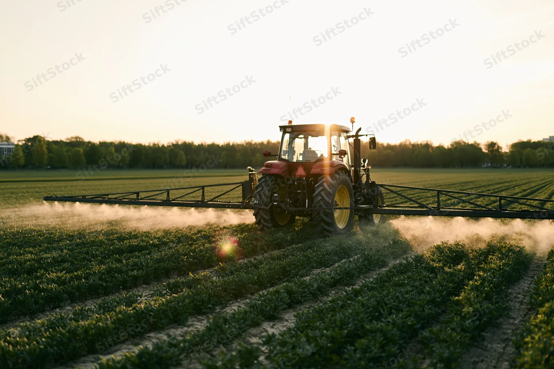Red tractor pulling wide boom sprayer across green crop field at sunset