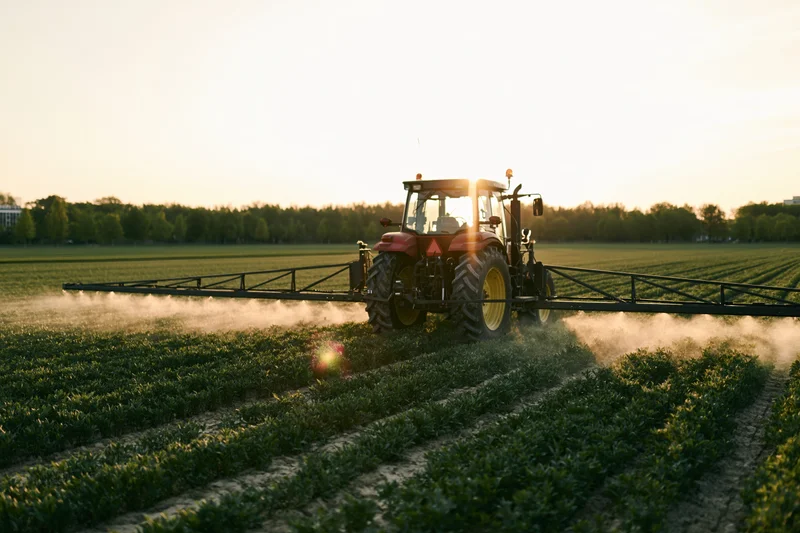 Red tractor pulling wide boom sprayer across green crop field at sunset