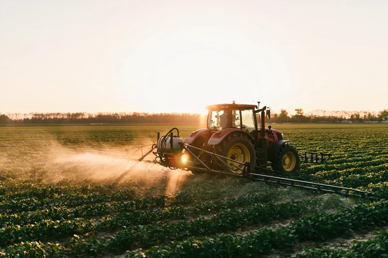 Red tractor pulling wide boom sprayer across green crop field at sunset