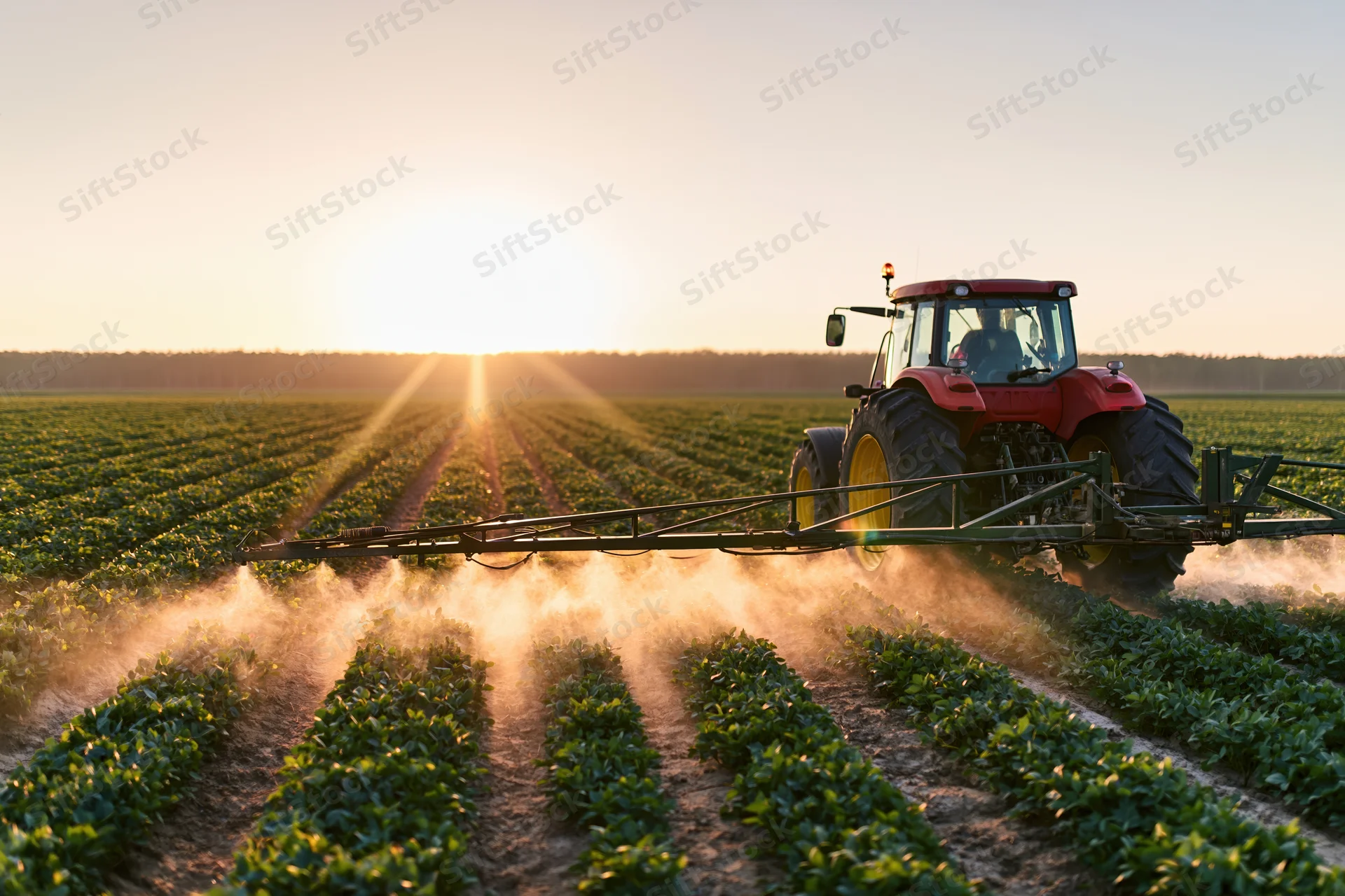 Red tractor pulling wide boom sprayer across green crop field at sunset