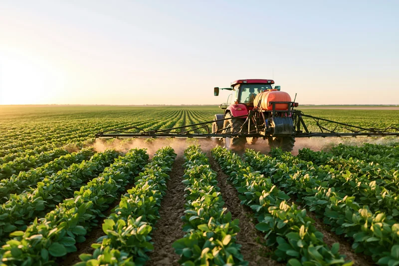 Red tractor pulling wide boom sprayer across rows of soybean crop in expansive field at sunrise