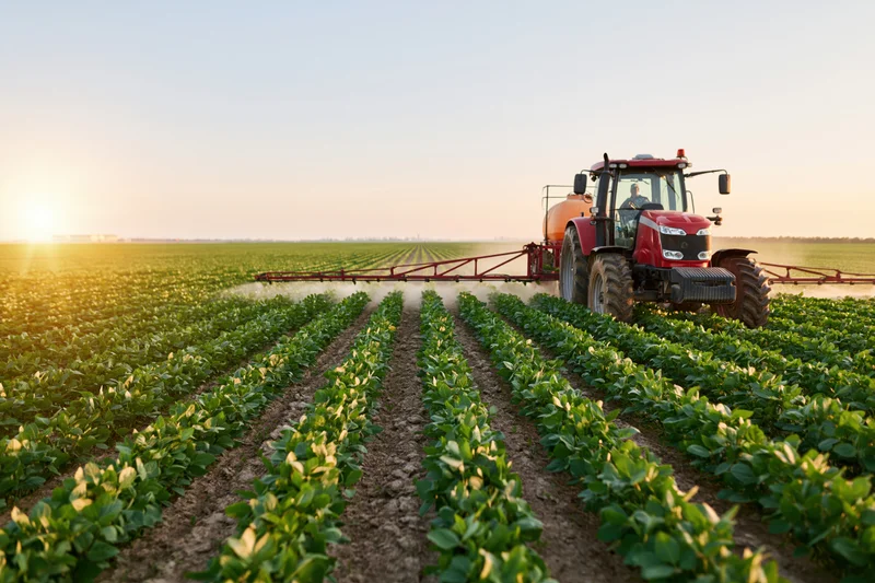 Red tractor pulling wide boom sprayer across soybean field at sunset