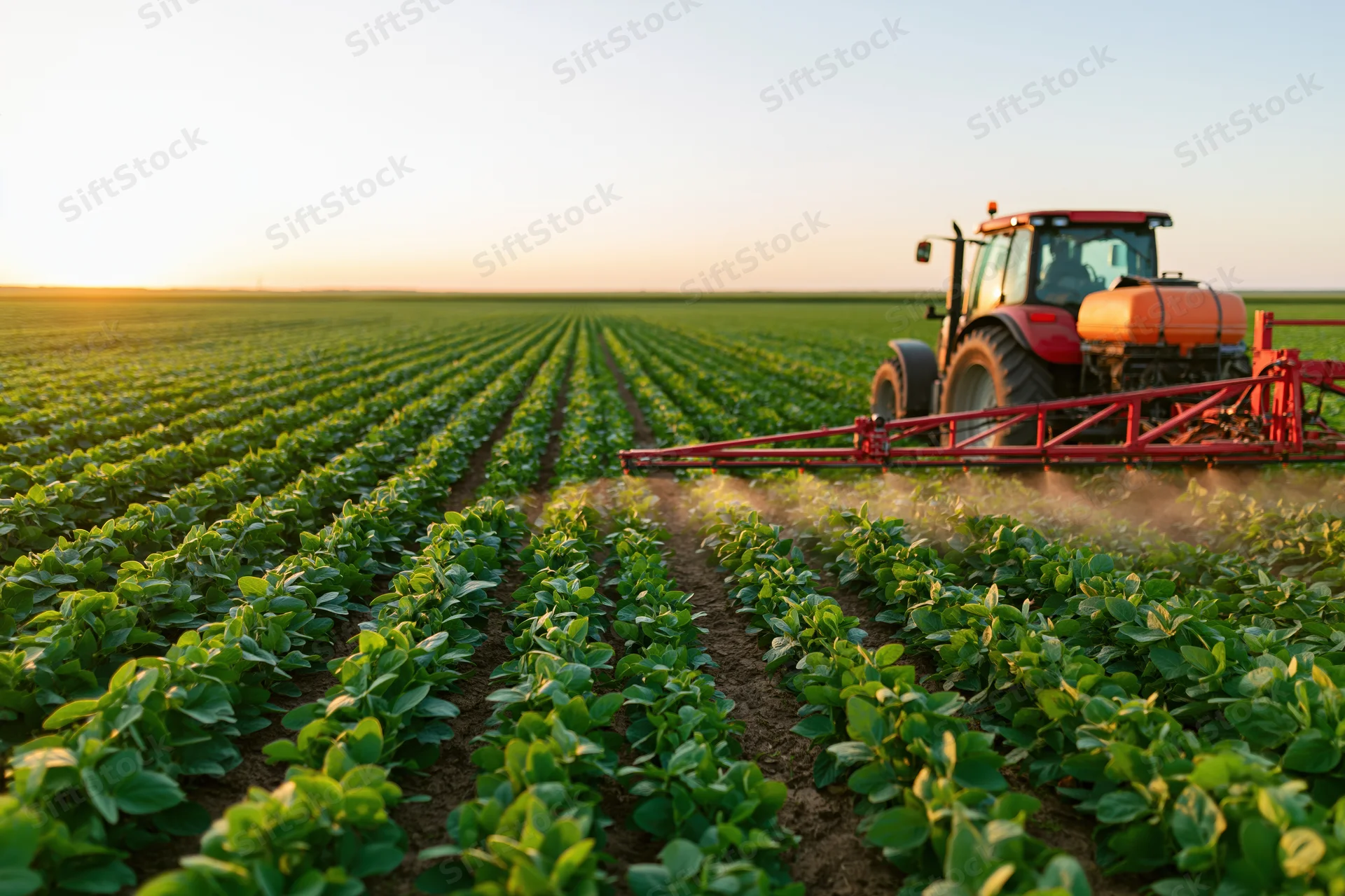 Red tractor spraying soybean crop in a vast field at sunset