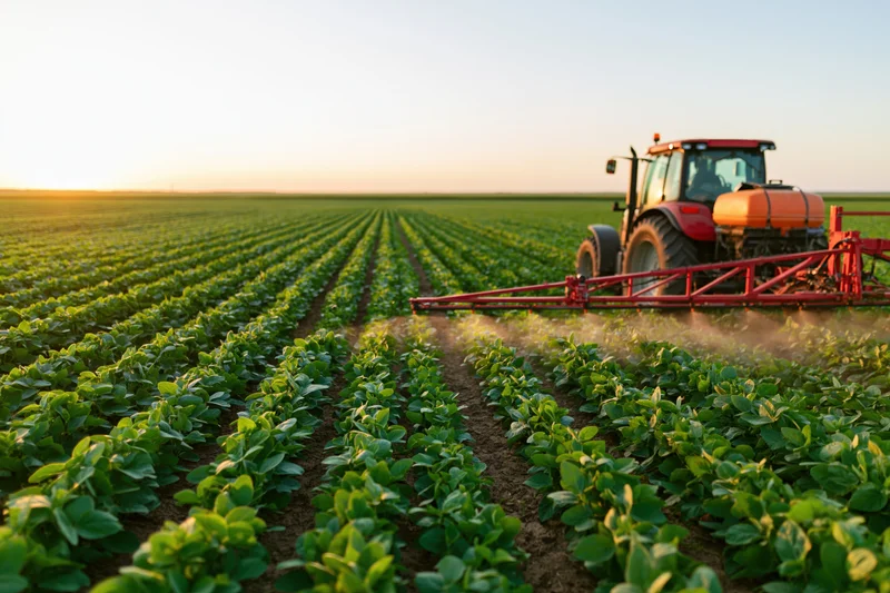Red tractor spraying soybean crop in a vast field at sunset