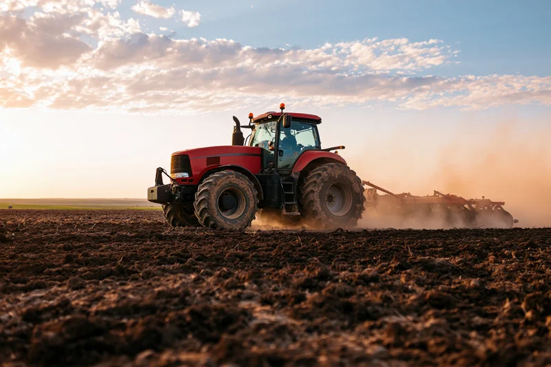Red tractor pulling a wide disc harrow across a freshly tilled field at sunset