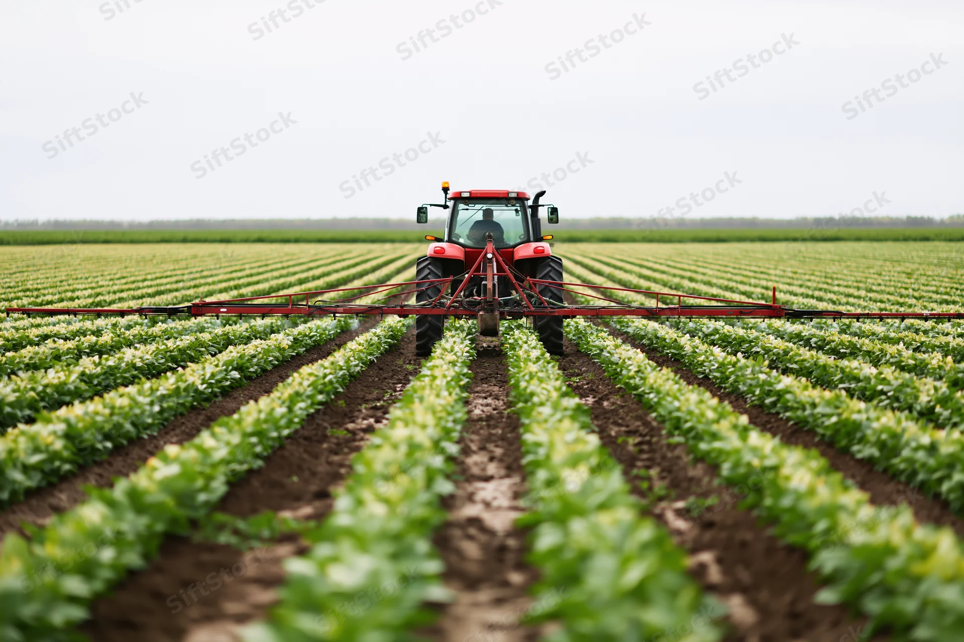 Red tractor with extended spray boom driving away through rows of green crops in a large farm field