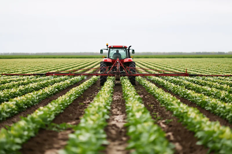 Red tractor with extended spray boom driving away through rows of green crops in a large farm field