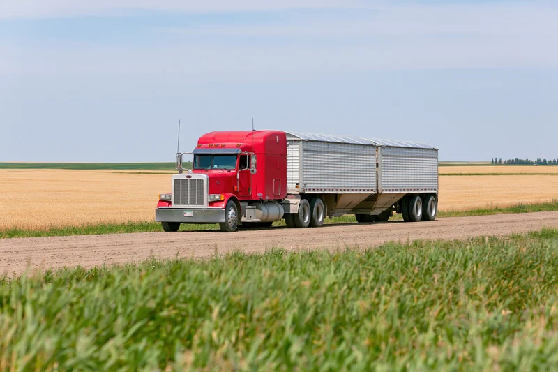 Red semi truck hauling dual-compartment grain trailer along rural dirt road near wheat fields