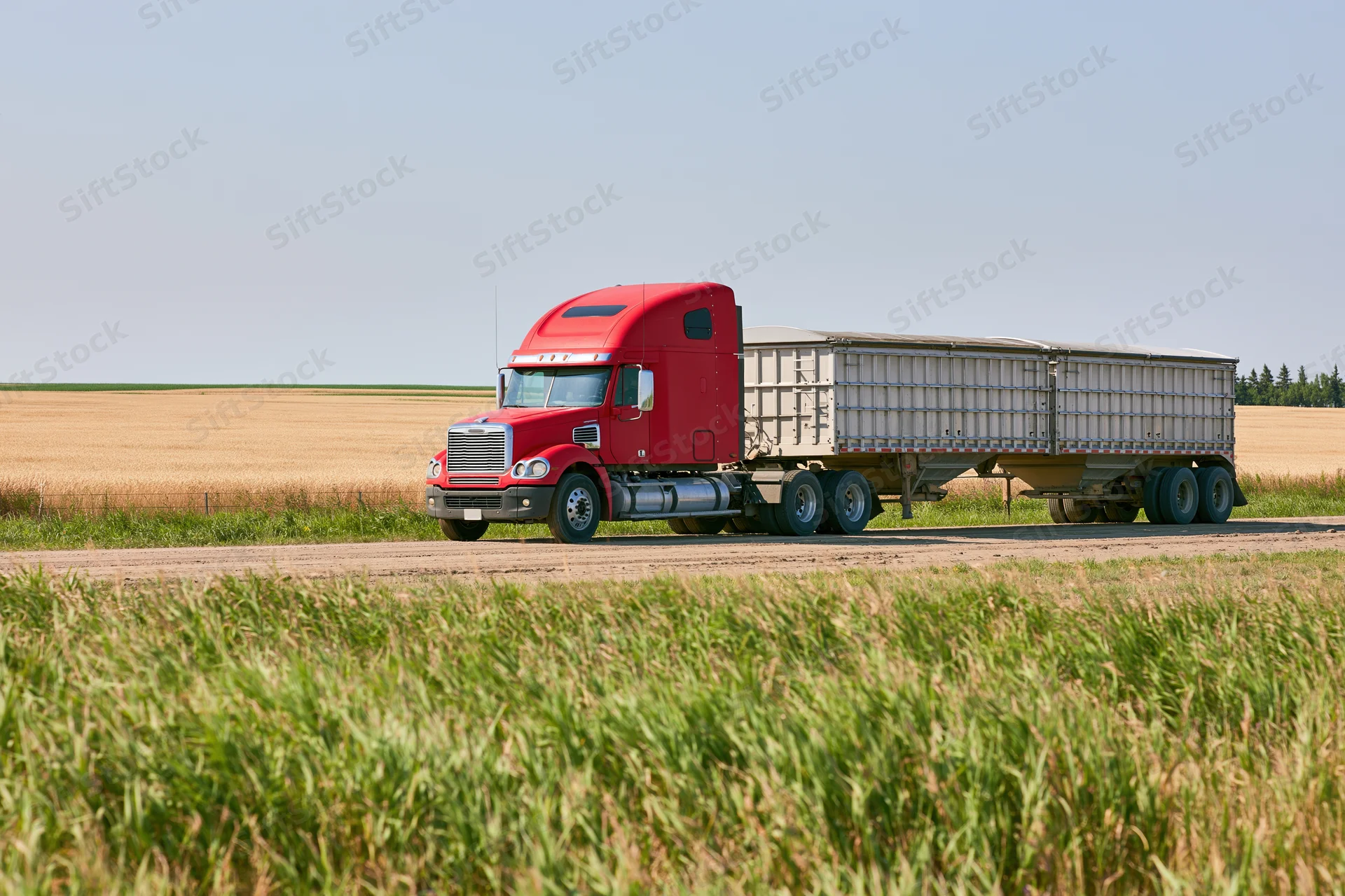 Red semi truck hauling a dual-compartment grain trailer along a rural road beside farmland