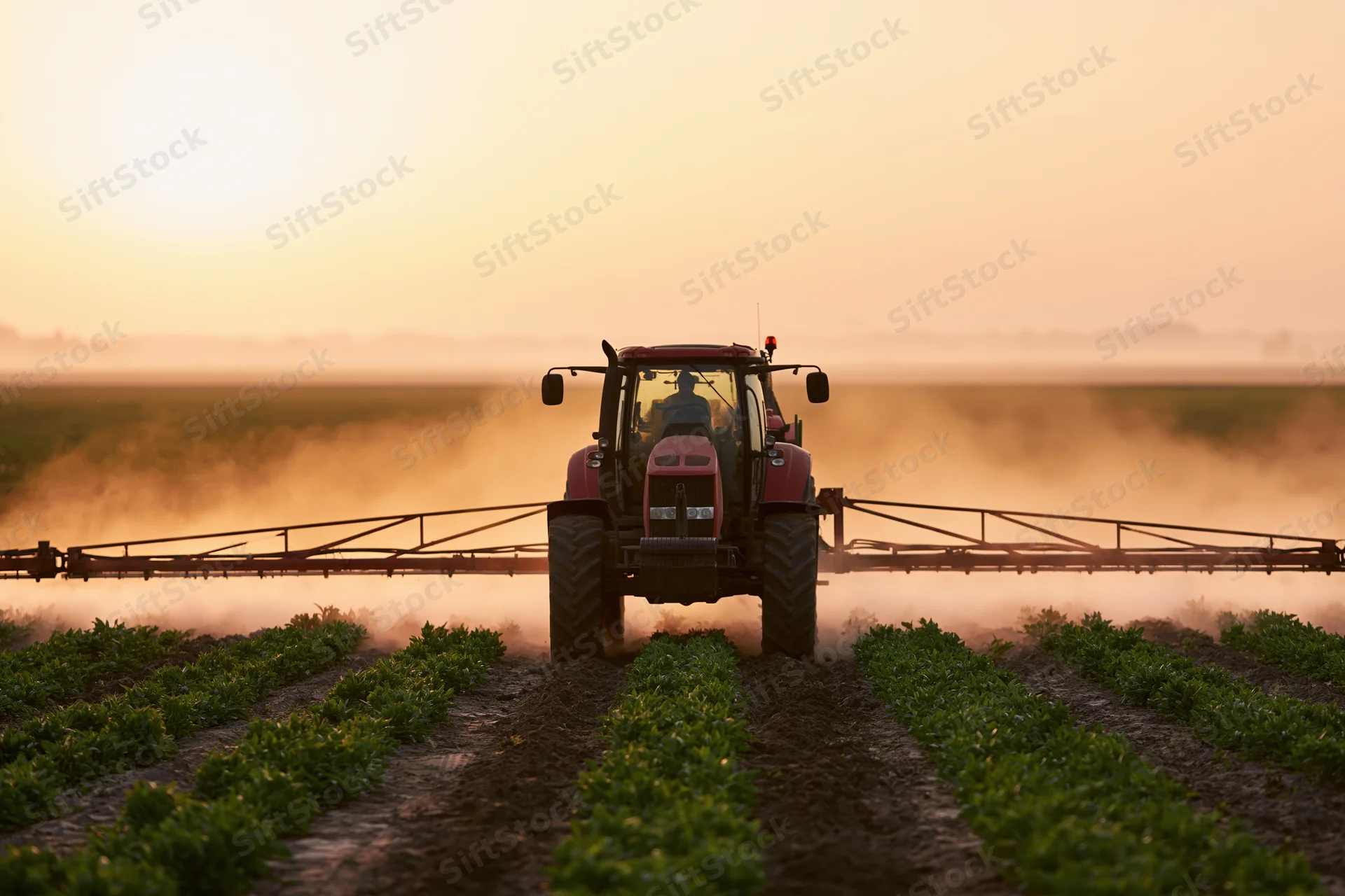 Red tractor pulling wide boom sprayer across rows of low green crops in misty field at sunrise