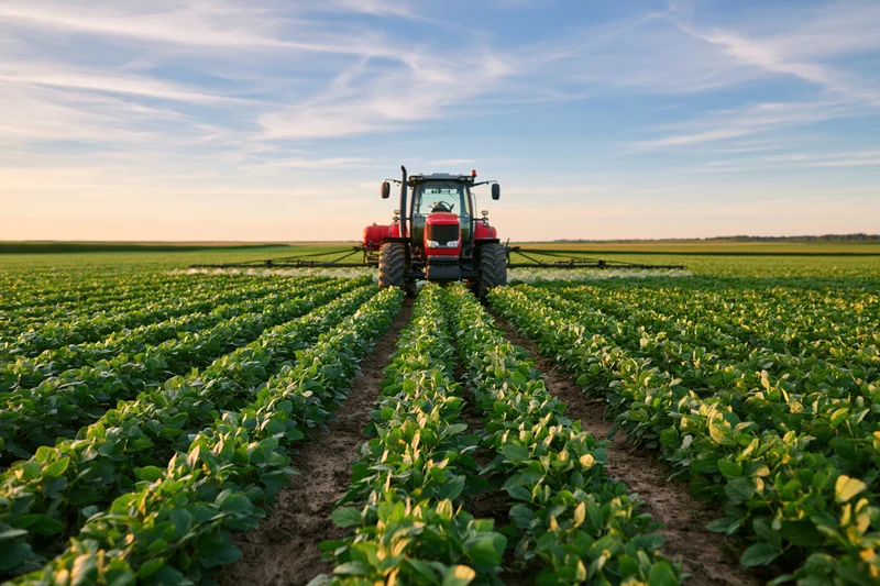 Red tractor spraying soybean crops in a field at sunset