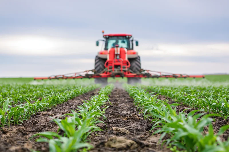 Red tractor sprayer applying pesticide across rows