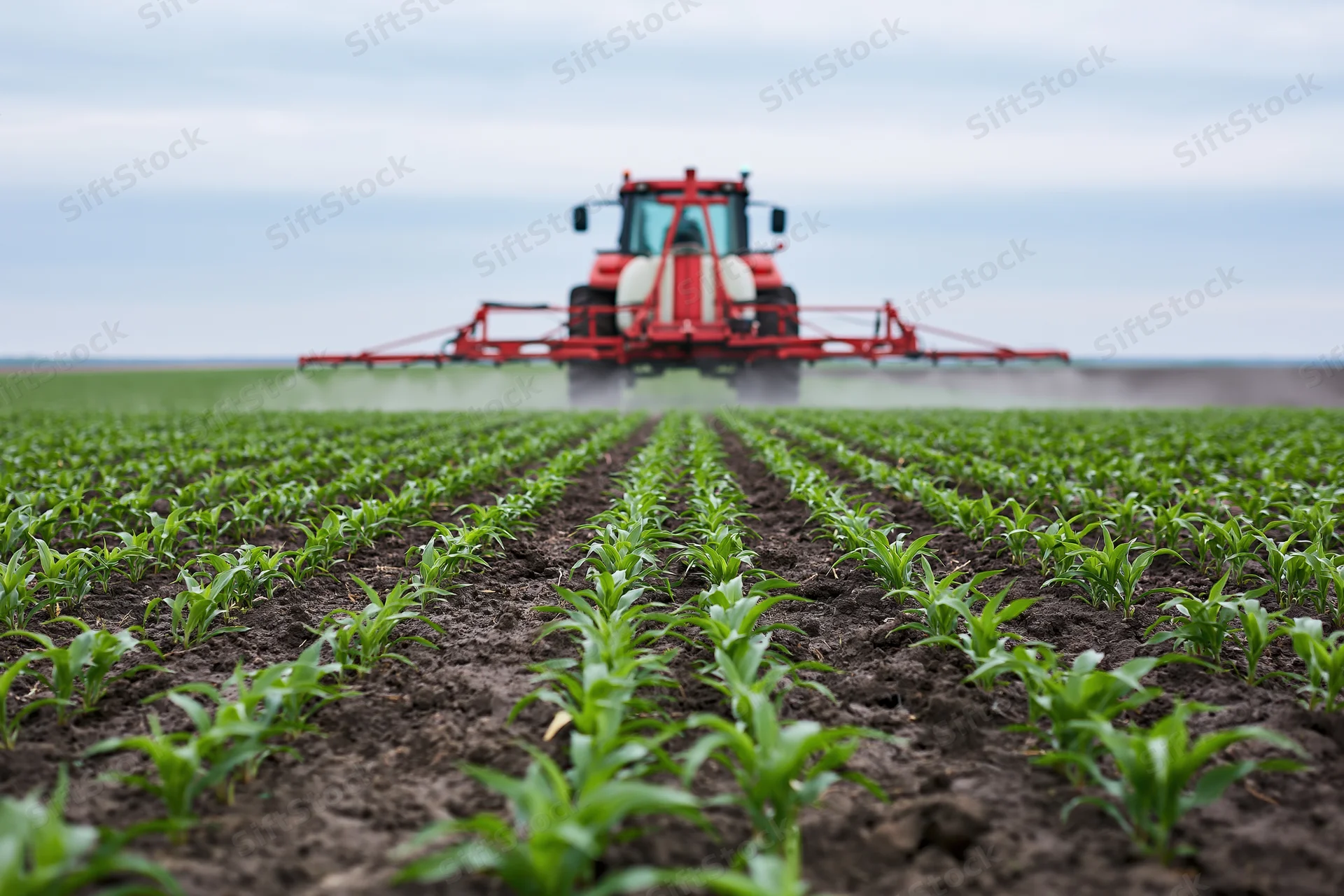 Red tractor with mounted sprayer moving across a large field of young corn plants in neat rows