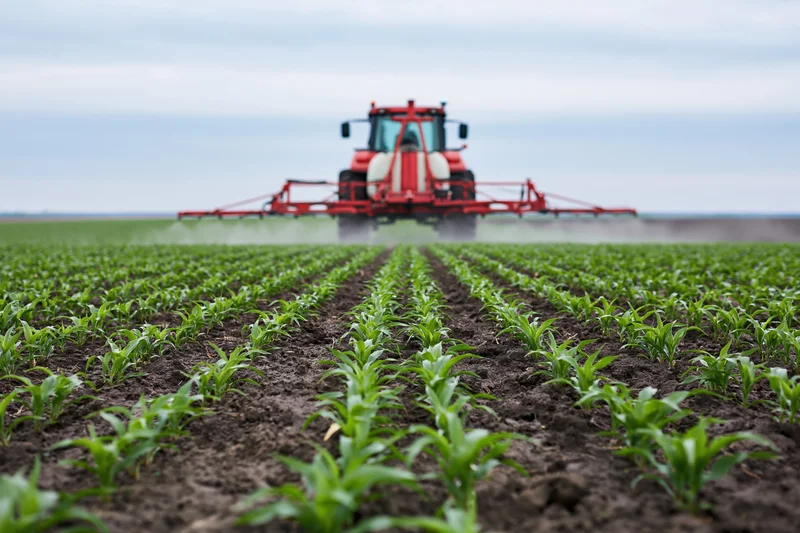 Red tractor with mounted sprayer moving across a large field of young corn plants in neat rows
