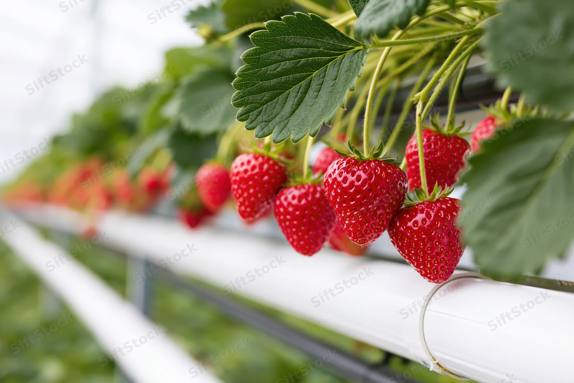 Ripe red strawberries growing on white hydroponic pipes in a greenhouse