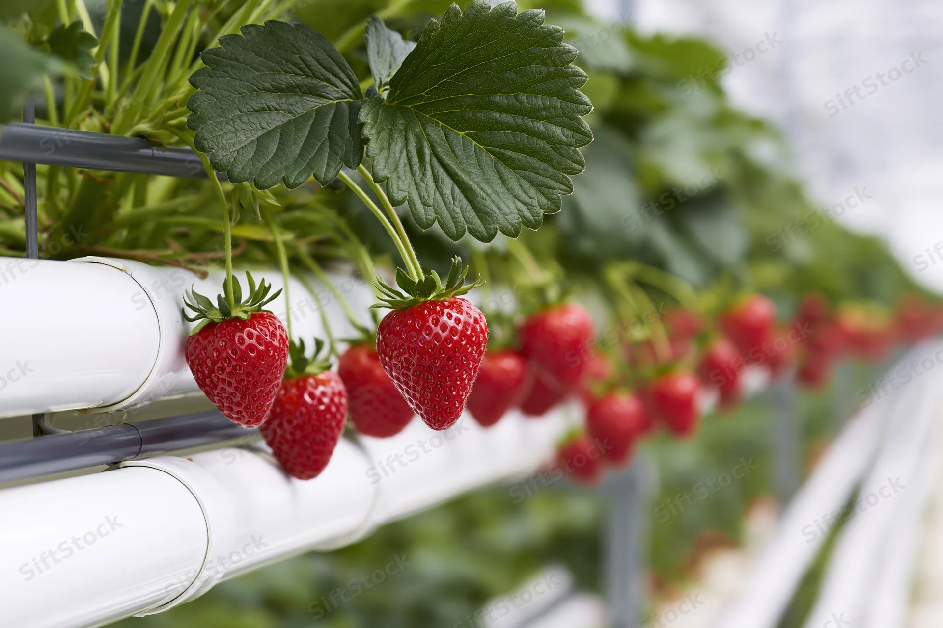 Ripe red strawberries growing on white hydroponic pipes in a greenhouse