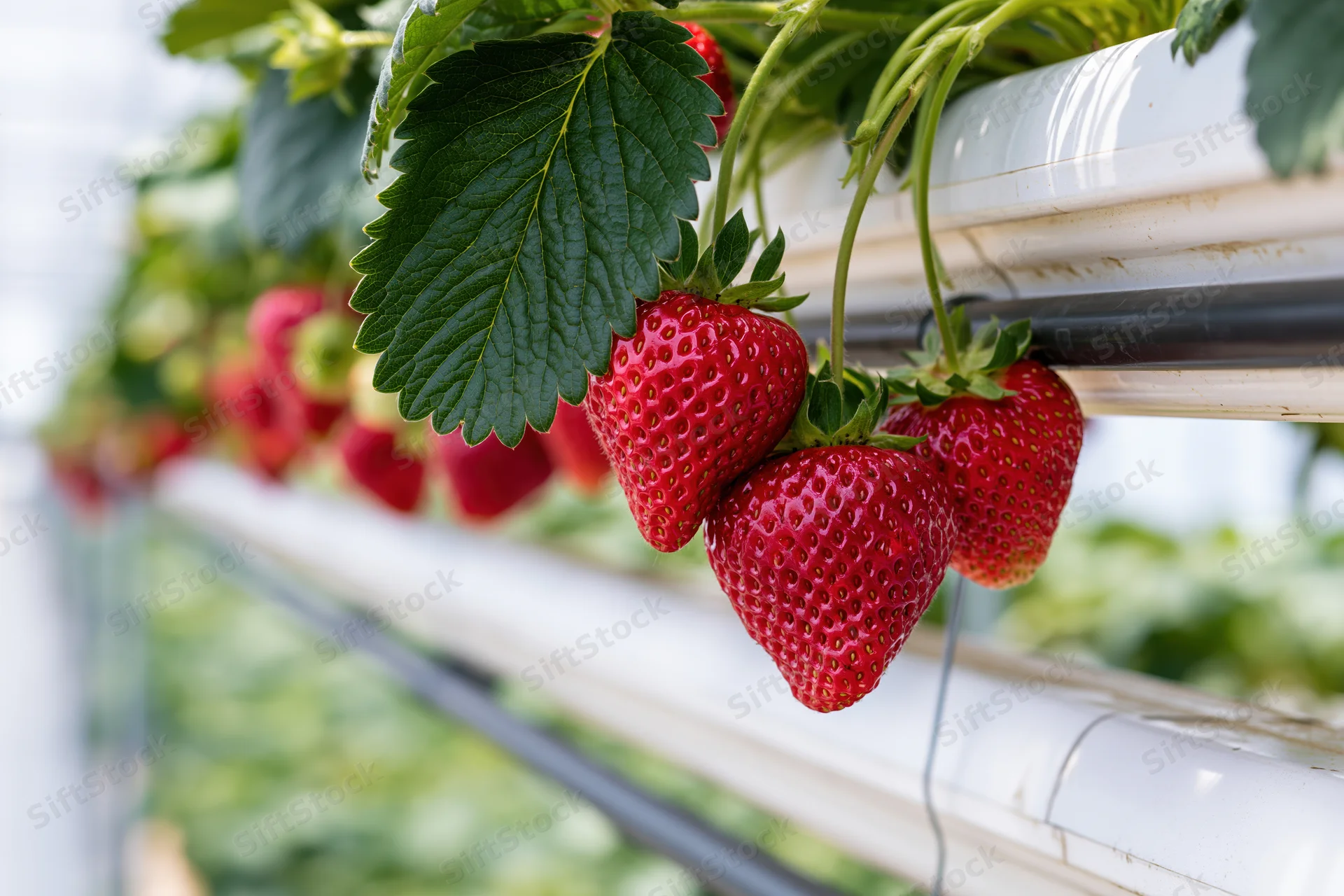 Ripe red strawberries hanging from white hydroponic growing pipes in a greenhouse