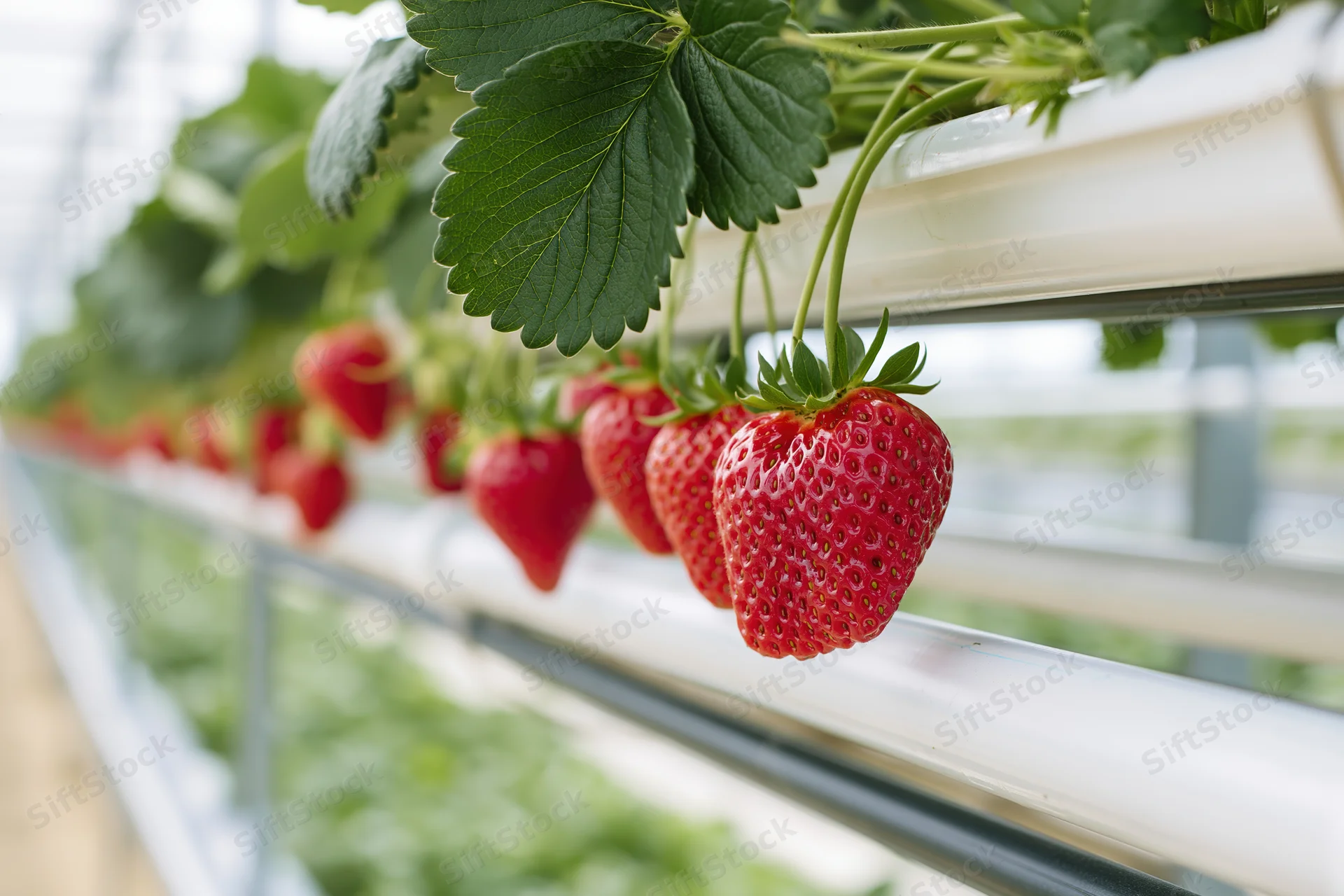 Ripe red strawberries growing on white hydroponic pipes in a greenhouse
