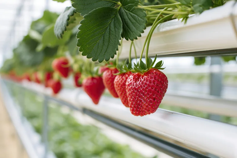 Ripe red strawberries growing on white hydroponic pipes in a greenhouse