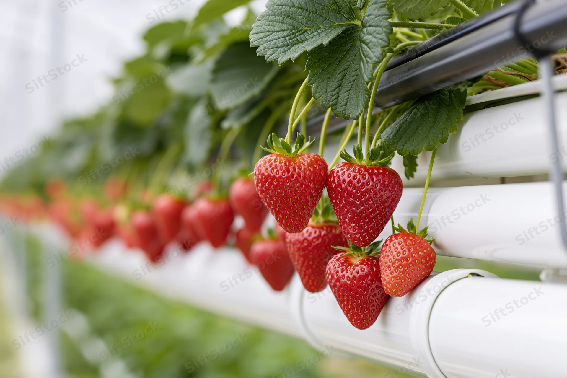 Ripe red strawberries hanging from white hydroponic gutters in a greenhouse