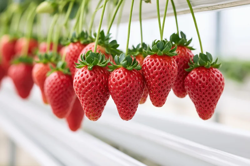Ripe red strawberries hanging in clusters from a hydroponic growing system in a greenhouse