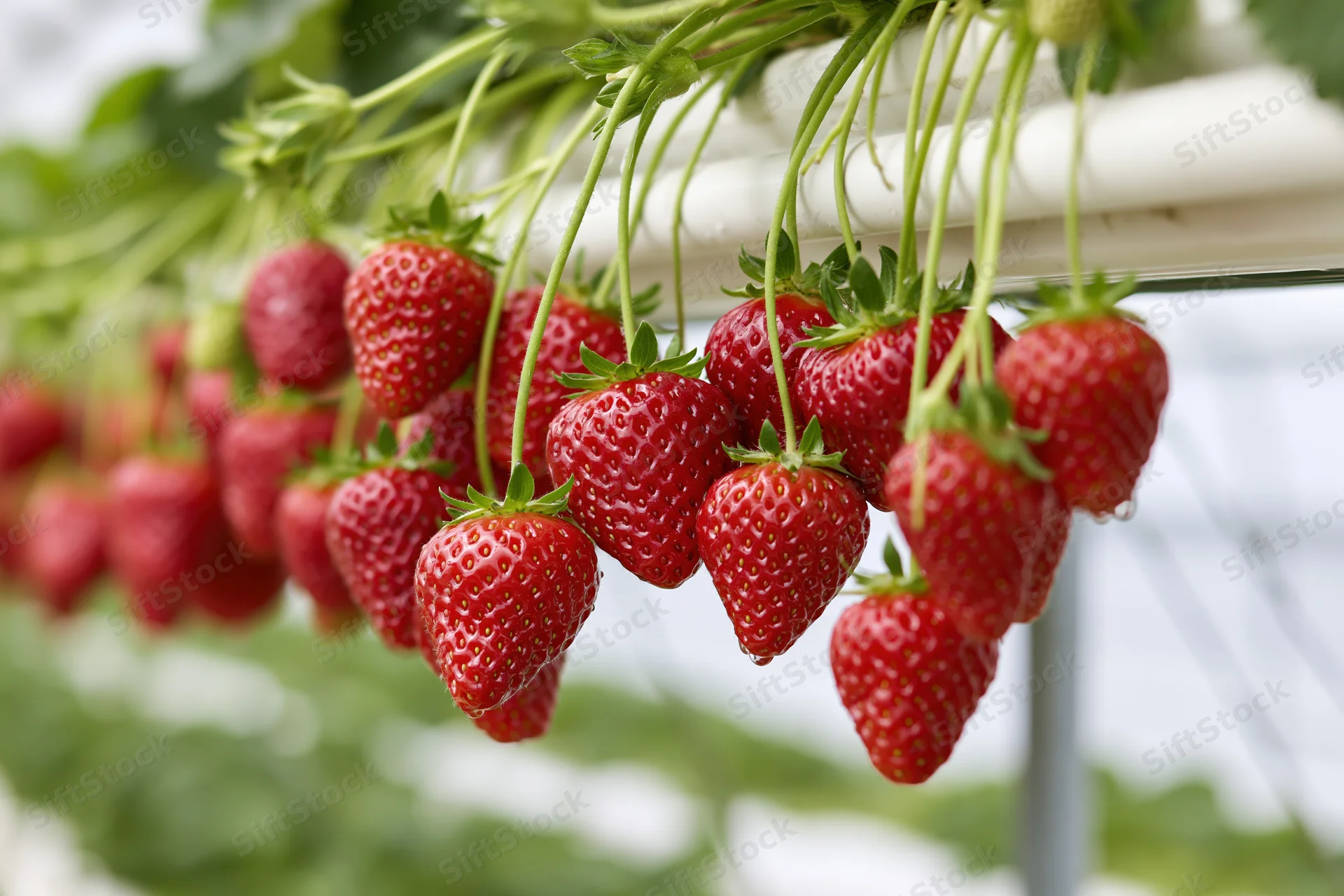 Ripe red strawberries hanging in clusters from elevated white structure in greenhouse