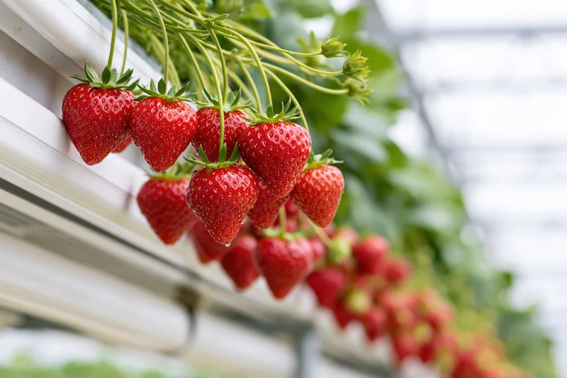 Ripe red strawberries hanging in clusters from elevated white containers in a greenhouse