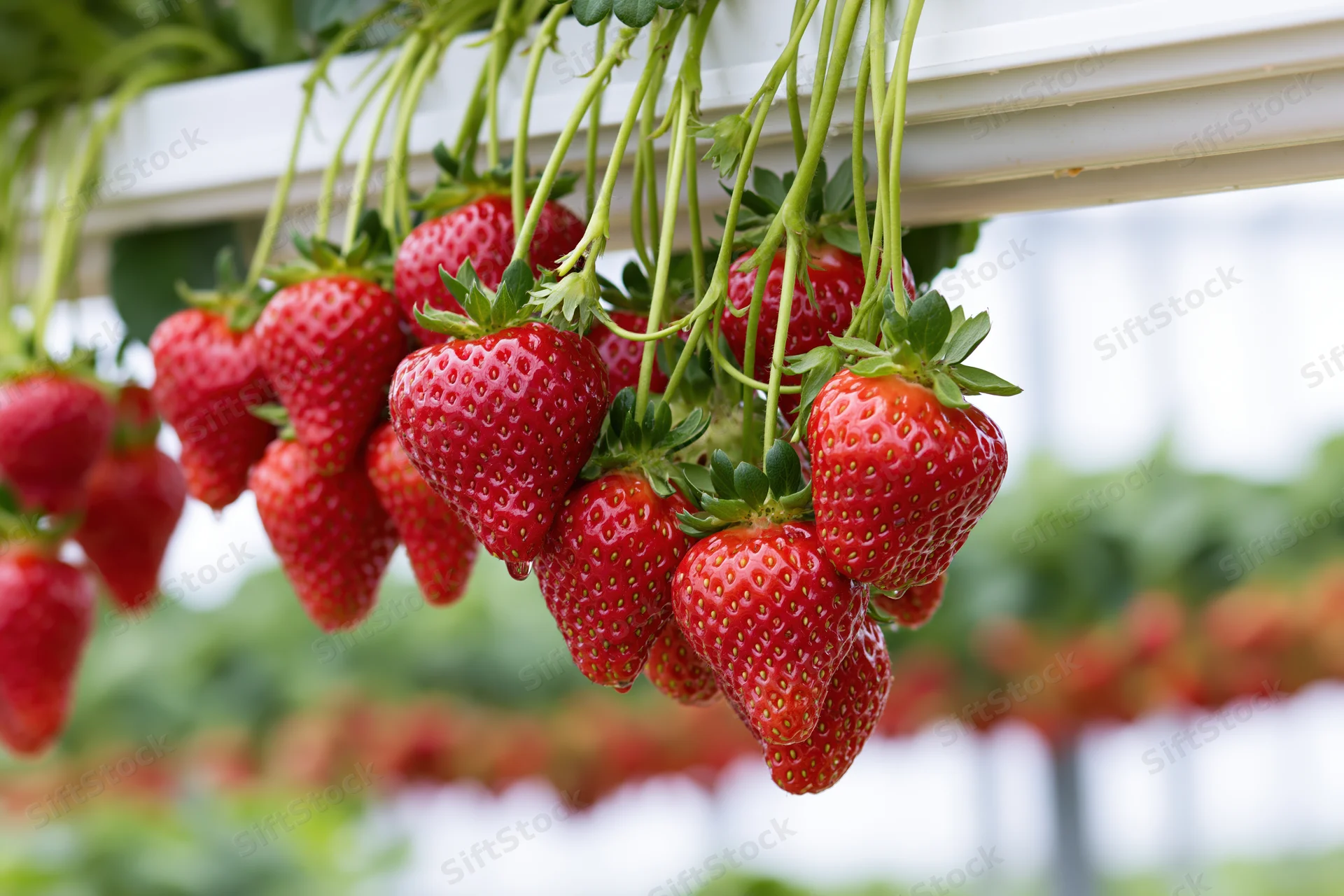 Ripe red strawberries hanging in clusters from elevated white structure in greenhouse garden