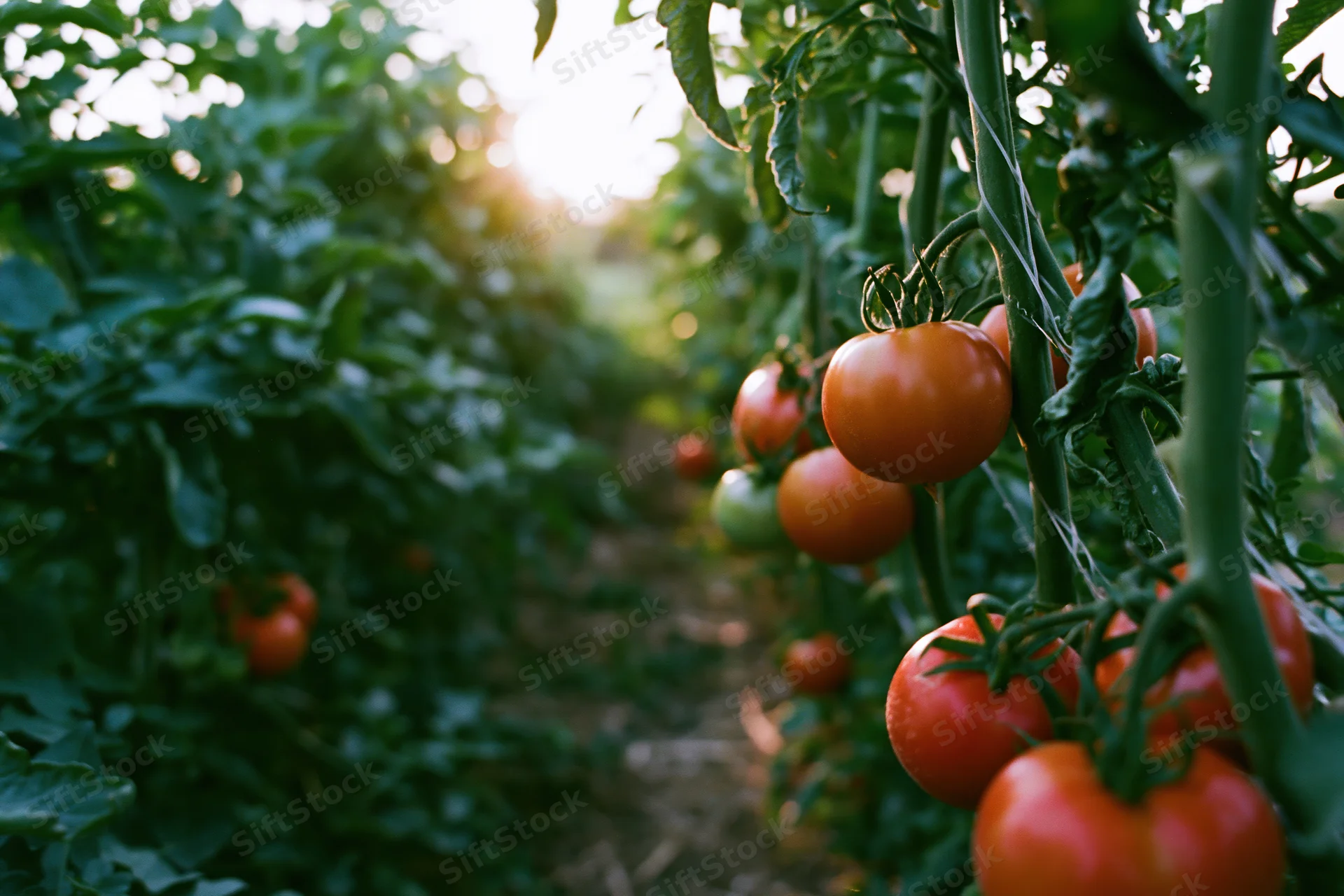 Ripe red tomatoes hanging on vines in an outdoor garden row