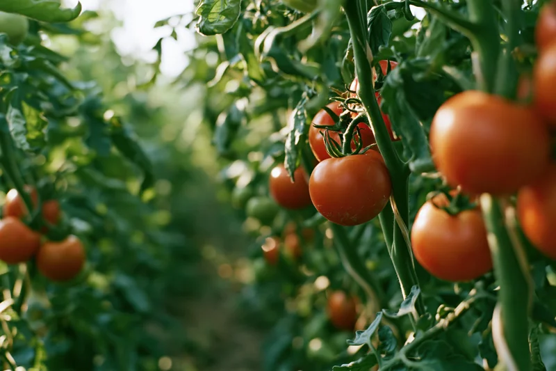 Ripe red tomatoes hanging on vines in an outdoor garden