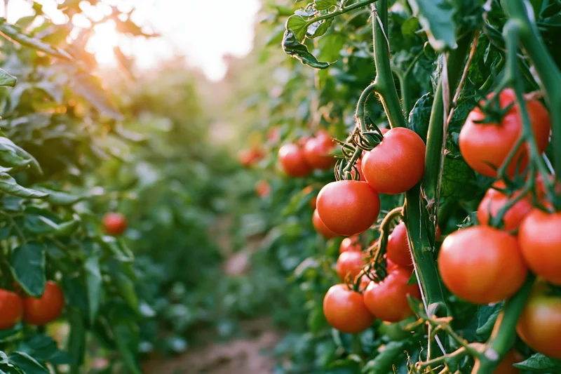 Ripe red tomatoes hanging on vines in an outdoor garden row