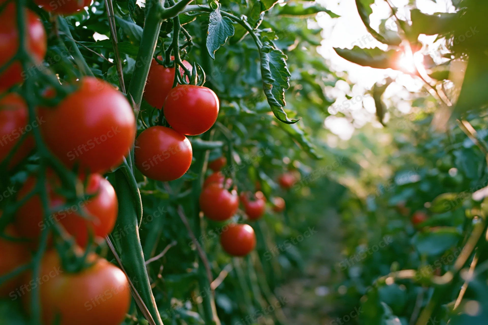 Ripe red tomatoes hanging on vines in an outdoor garden