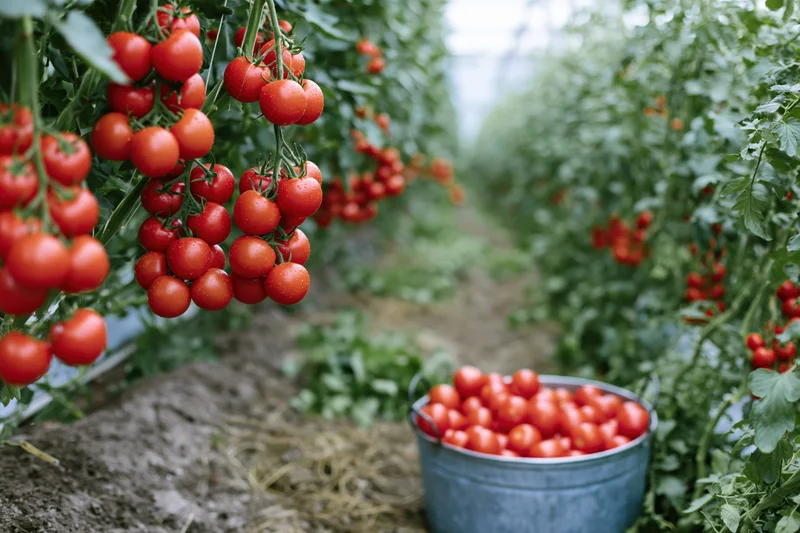 Ripe red tomatoes hanging in dense clusters on tall vine plants in a greenhouse garden with a metal bucket of harvested tomatoes on the ground nearby