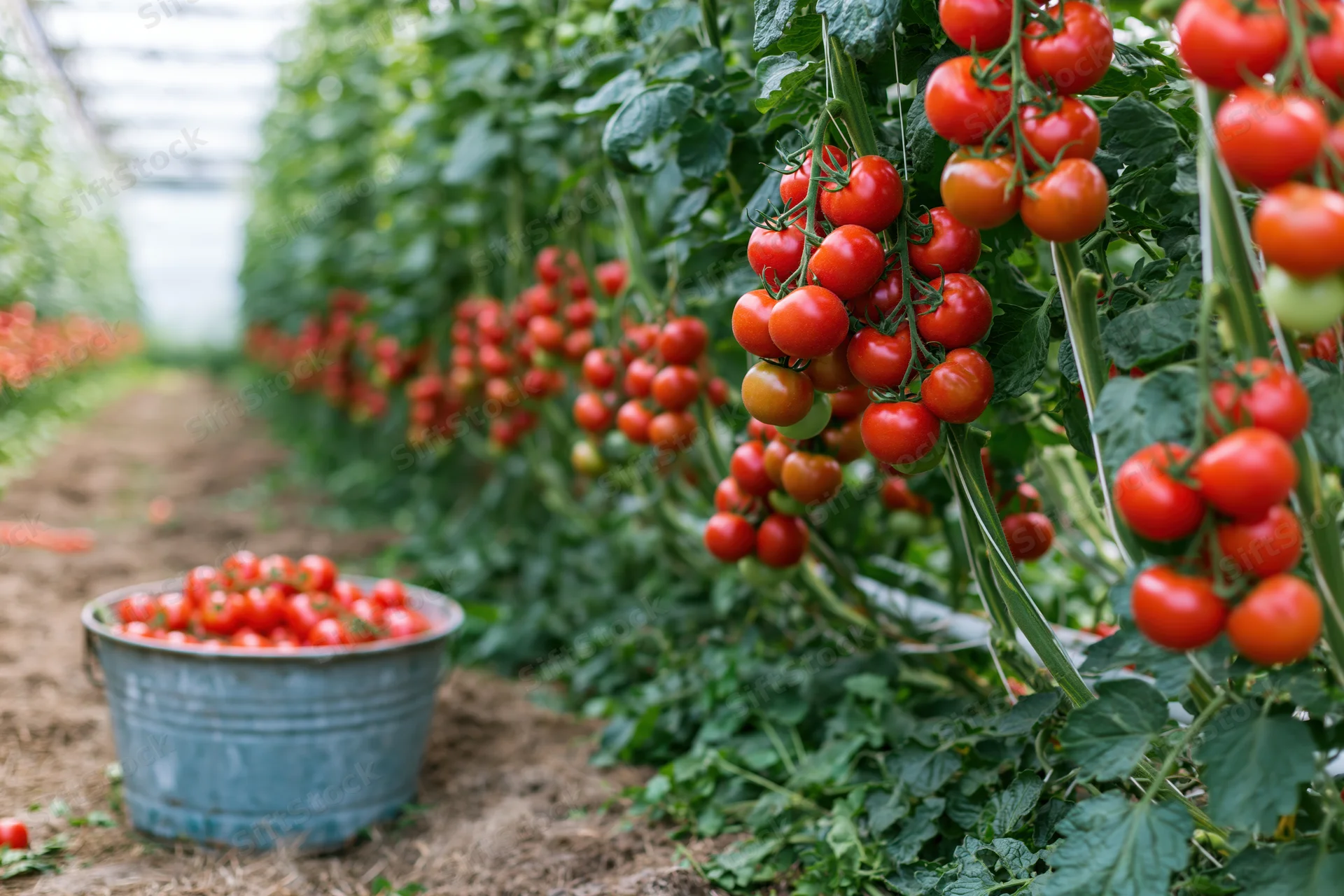 Ripe red tomatoes hanging in dense clusters on tall vine plants in a greenhouse garden with a metal bucket of harvested tomatoes on the soil path