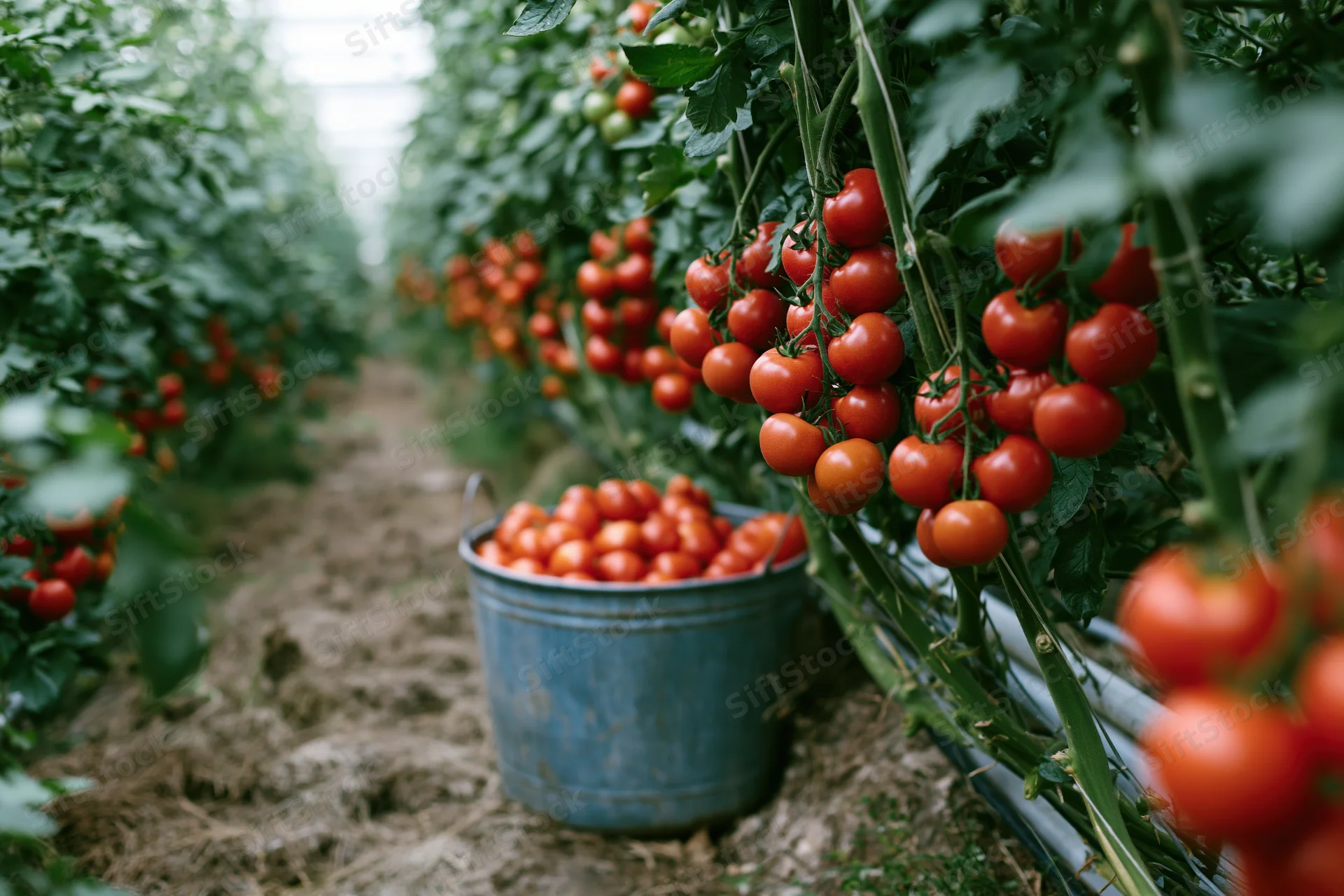 Ripe red tomatoes growing in dense clusters on tall vines in a greenhouse row with a metal bucket of harvested tomatoes on the soil path