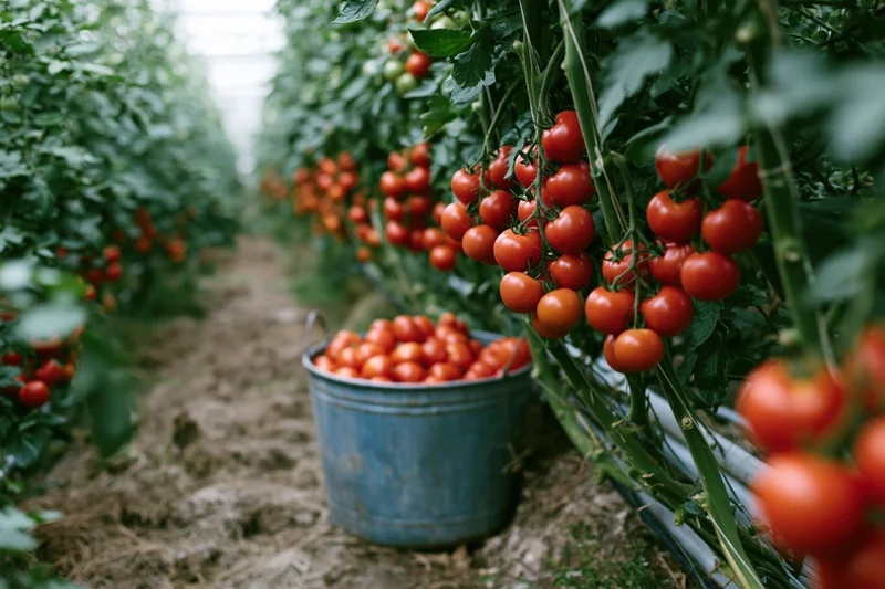 Ripe red tomatoes growing in dense clusters on tall vines in a greenhouse row with a metal bucket of harvested tomatoes on the soil path