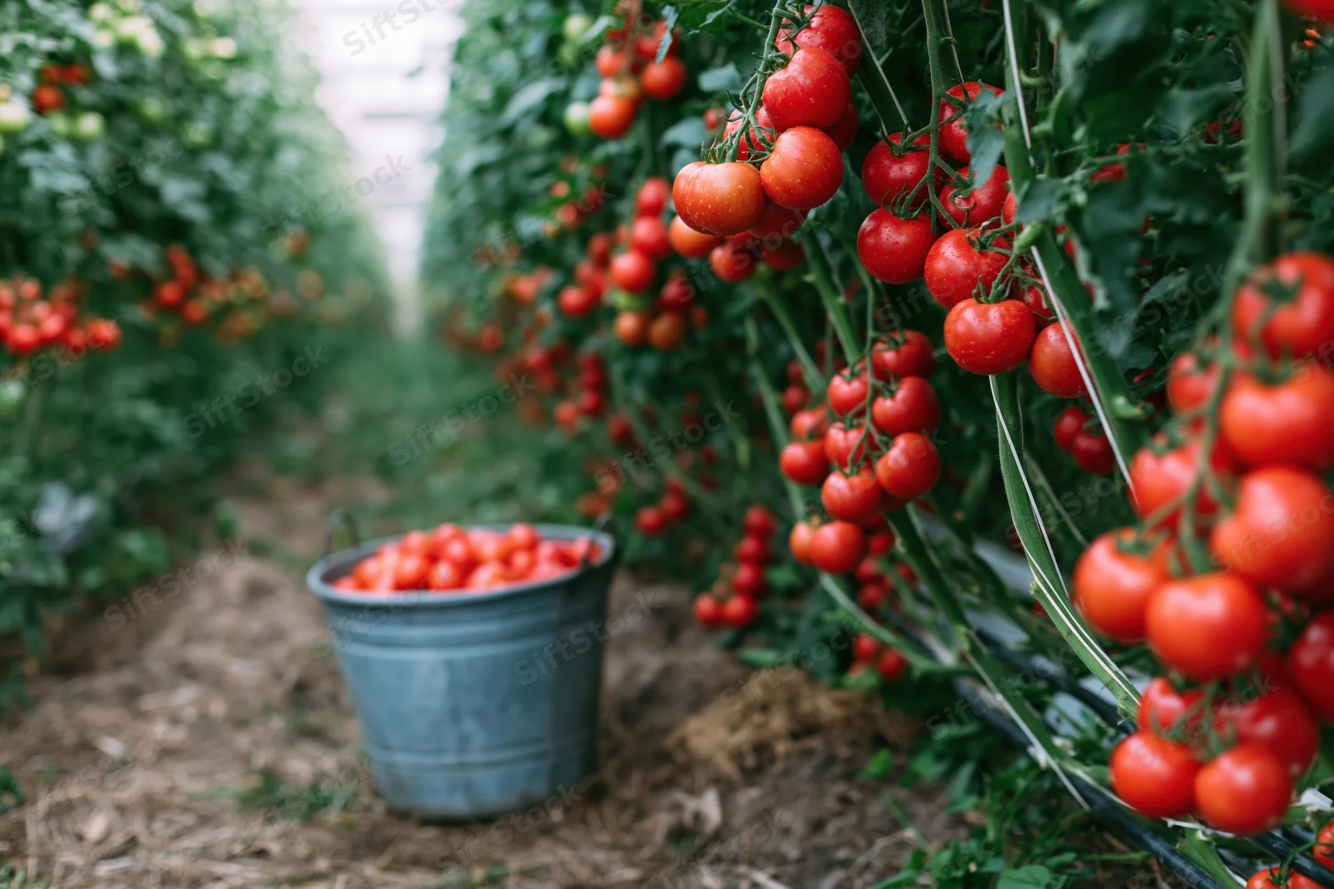 Ripe red tomatoes hanging in dense clusters on tall vines in a greenhouse garden with a metal bucket of harvested tomatoes on the ground
