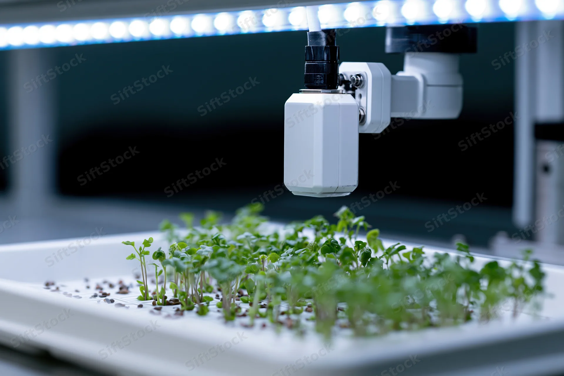 Robotic arm dispensing nutrients over seedlings in a controlled indoor farming setup