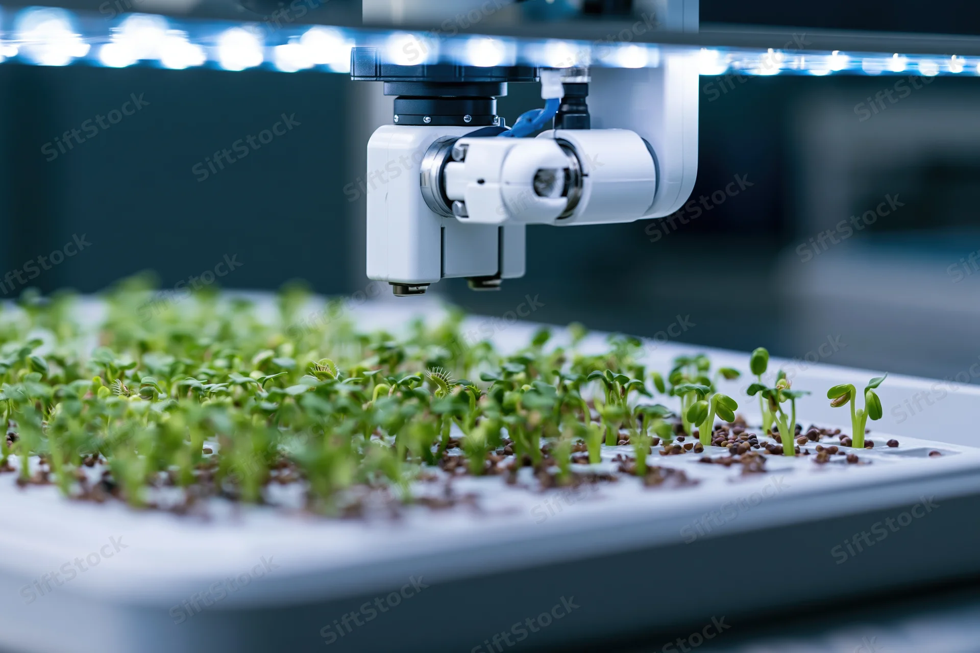 Robotic arm scanning seedlings in a hydroponic tray under led lighting